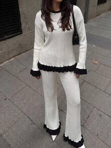 Mulvari Women's Minimalist Round Neck Autumn/Winter Sweater 2 Pieces Set Fall/Winter Casual Sets For Women Sweater White - Black and White - View 1