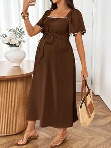 SHEIN Maternity Casual Vacation Belted Dress - Brown - View 3