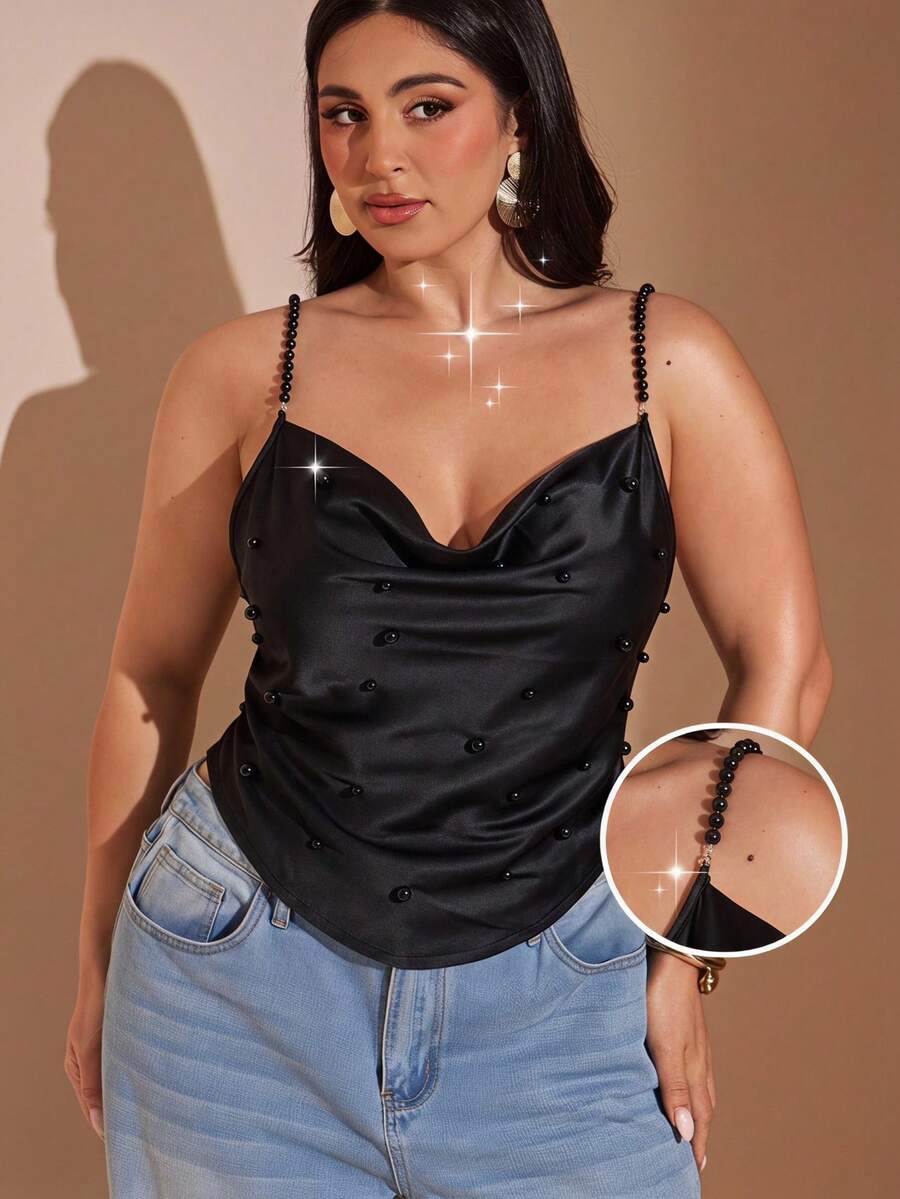 SHEIN BAE CURVE 大尺碼女款白色珍珠串珠垂領背心上衣 - 黑色 - 查看 1