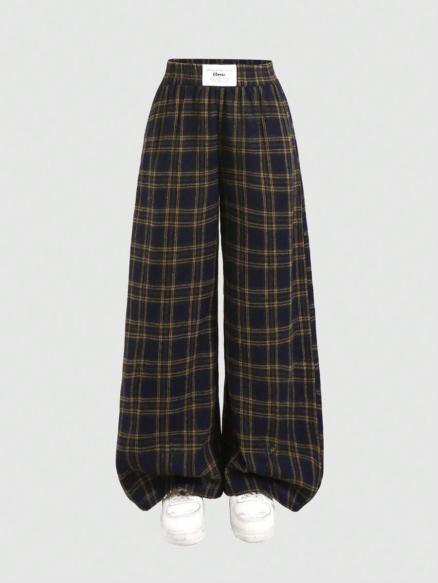 SHEIN KidsTween Girl Autumn/Winter Plaid Wide Leg Mid-Waist Versatile Simple Comfortable Long Pants - Dusty Pink - View 1