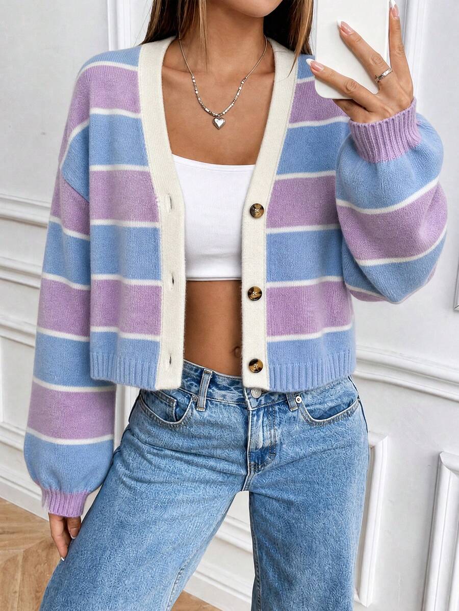 SHEIN LUNE Colorblock Loose Cropped Cardigan Sweet Preppy Style Sweater Cardigan Jacket - Purple - View 1