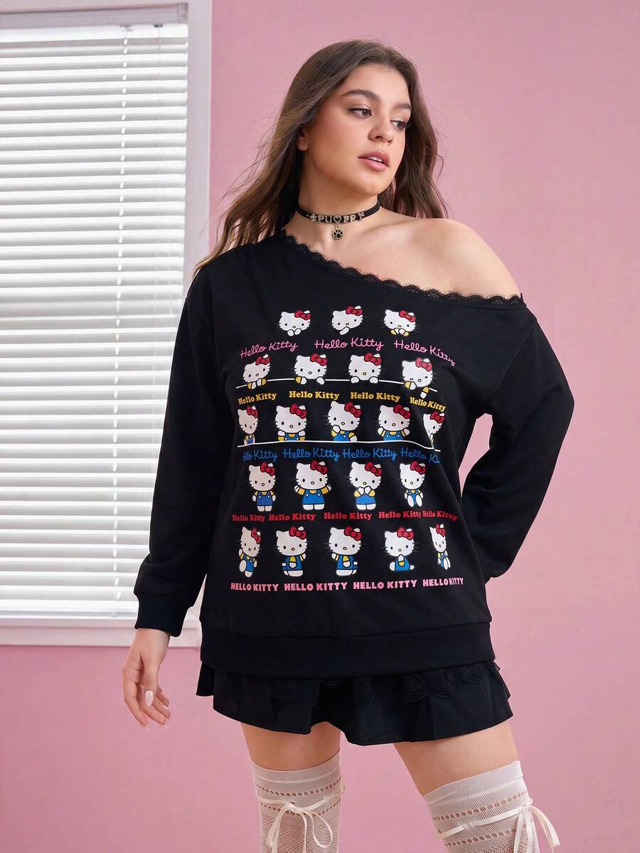 HELLO KITTY AND FRIENDS | SHEIN 秋季大码休闲可爱猫咪印花不对称肩部运动衫 - 黑色 - 查看 1