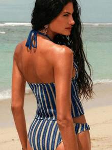 Swim Chiccia Conjunto de tankini con tirantes y decoración de conchas a rayas para vacaciones de verano en la playa de mujeres - Azul Marino - Ver 6