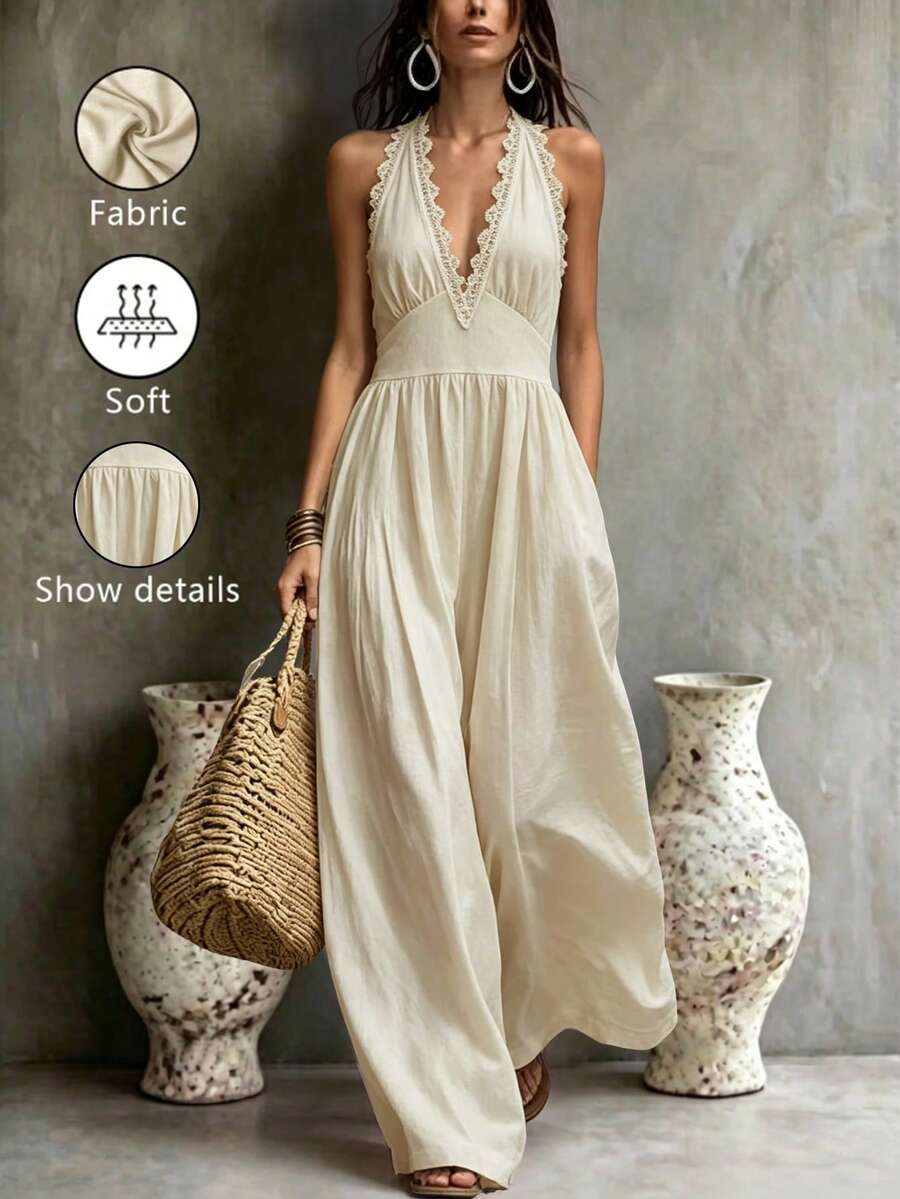 Breezaya Women's Lace Patchwork V-Neck Regular Fit Dress Beach Vacation Beige Summer Boho - Apricot - View 1