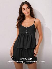 LUVLETTE Summer Sweet Women's Black Elegant Airy Two-Piece Set - Double-Layered Ruffles & Button Front Breezy Refined Home Wear - Black - View 10