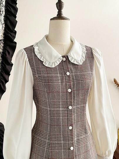 Vintamour Vintage Classic Elegant Women's Dress, Autumn/Winter Fitted 2 In 1 Mixed Material Patchwork Dress, Plaid Dress, Retro Preppy Style Dress, Button Dress, Colorblock Long Sleeve Dress, Turn-Down Collar Dress