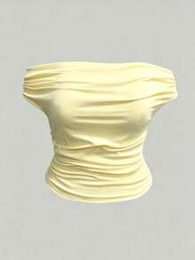 INAWLY Plus Size Summer Casual Elegant Eleganza Solid Color Off-Shoulder T-Shirt Formal Date Night Butter Yellow - Pale Yellow - View 4