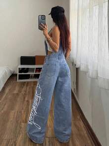 StreetHx Women's Letter Print Denim Overalls - Blue - View 2