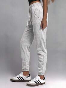 Cotton Elastic Waist Drawstring Solid Color Casual Sweatpants - Light Grey - View 3
