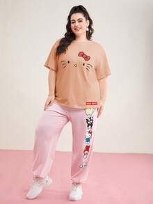 HELLO KITTY AND FRIENDS | SHEIN Plus Size Cartoon Pattern Drop Shoulder Casual Summer T-Shirt - Pink - View 5