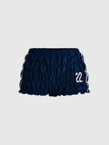 ROMWE Liburan Musim Panas Y2K Gadis Seksi Piala Dunia Gaya Olahraga Lencana Bordir Celana Pendek Mini Pinggang Sangat Rendah Berkerut - Navy Blue - View 1