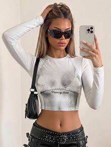 SHEIN ICON Graphic Tees Women Body Print Crop Tee - Black and White - View 1
