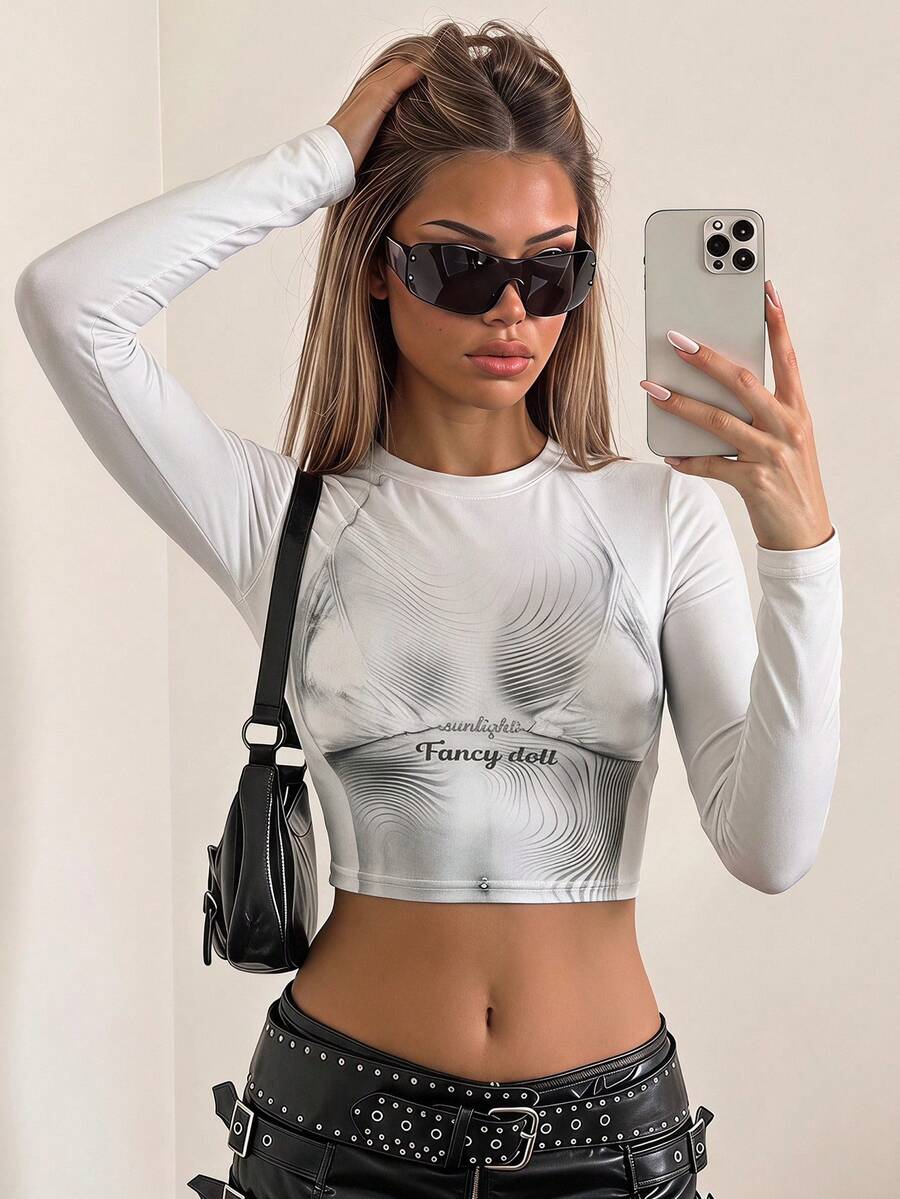SHEIN ICON Graphic Tees Women Body Print Crop Tee - Black and White - View 1