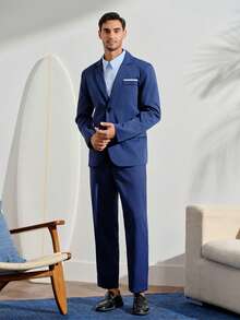 VeloEdit Men's Dark Blue Fashionable Suit Set, Formal, Ceremony WeddingFall Winter Business Commute‌ Old Money - Navy Blue - View 3