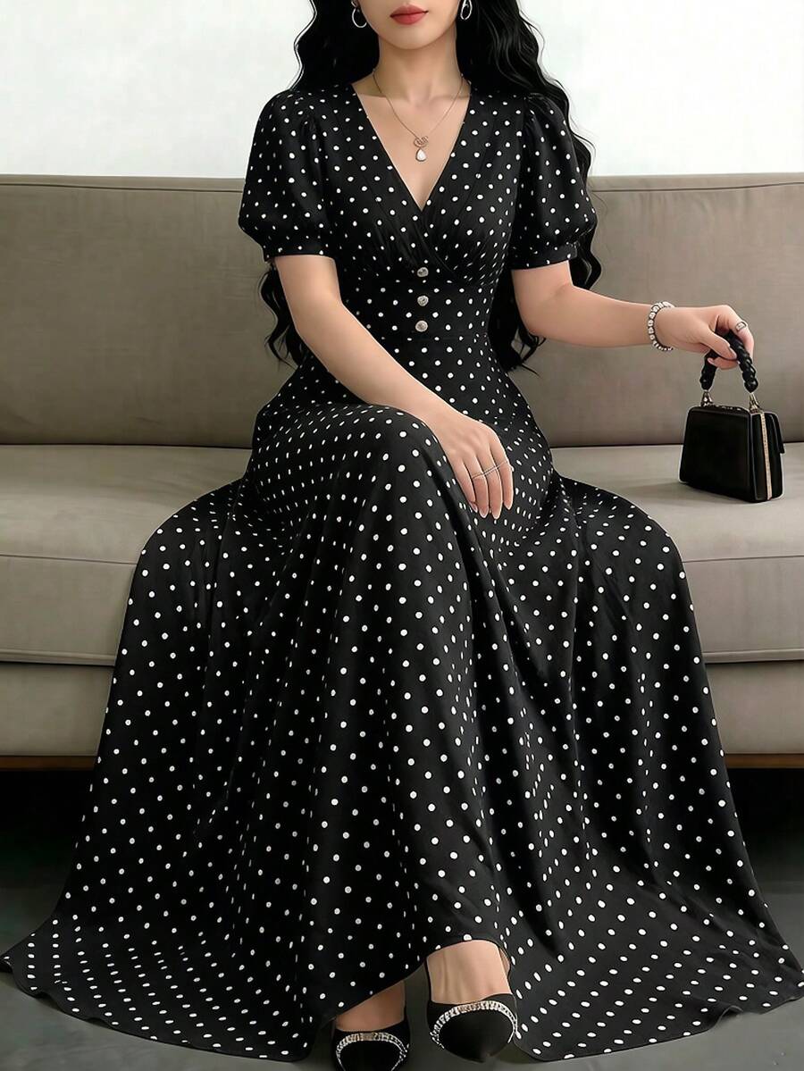 Celisse Women's Polka Dot V-Neck Casual Party Dress - Black - View 1