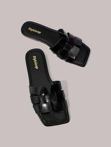 Styleloop Sandalias retro tejidas de punta cuadrada, suela plana, zapatillas de exterior, zapatos versátiles para mujer para uso diario, desplazamientos y vacaciones - Negro - Ver 2