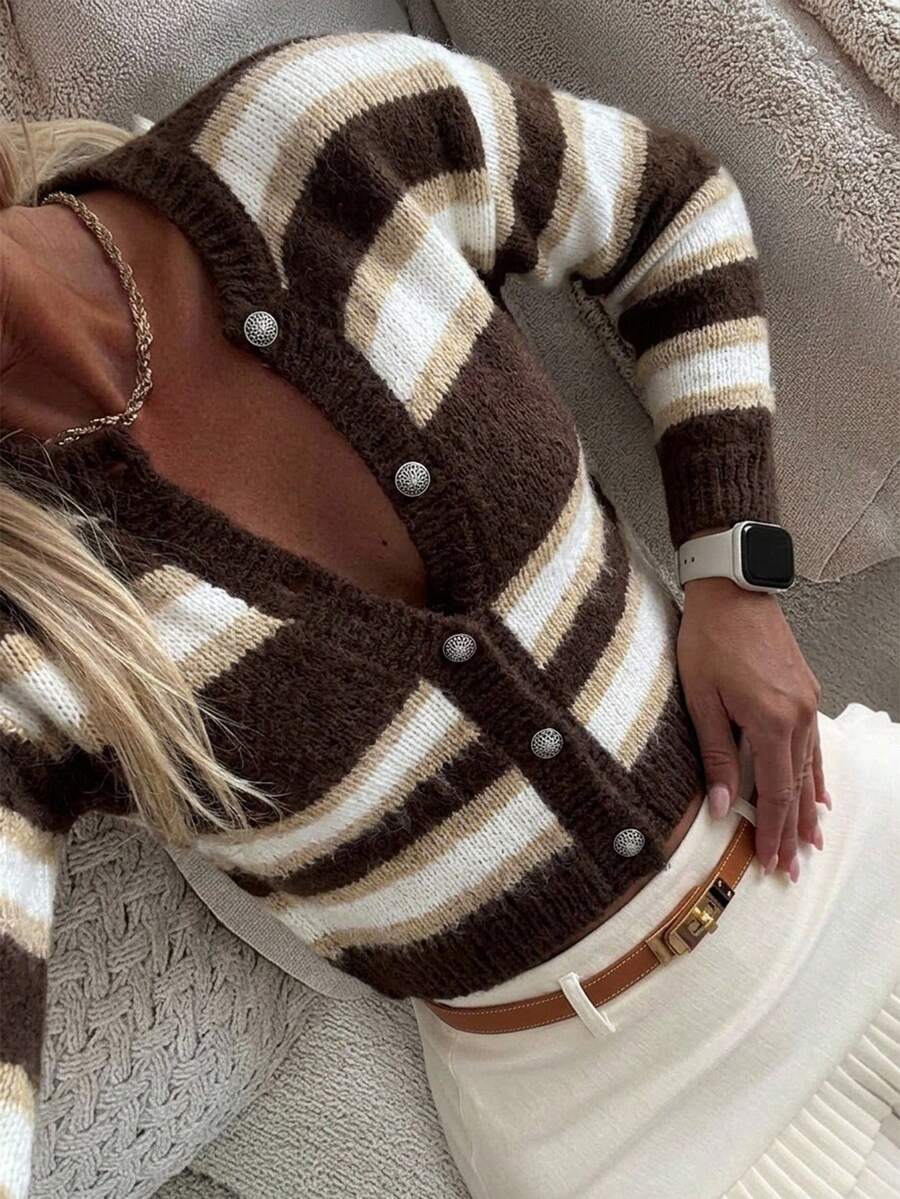 Lavishia Casual French Solid Color Short Hollow-Out Knit Cardigan In Autumn Brunch Brown Stripe - Brown - View 1