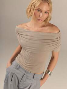 KÆRIA Hus Ruched Off-Shoulder Top - Lyocell Jersey - Purple - Relaxed Fit, Minimalist Casual, Elegant, Date Night Brunch Summer Going Out - Grey - View 6