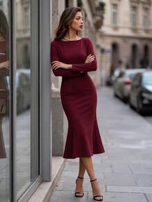 Editum Women's Elegant Commute Office Solid Color Mermaid Mid-Length Dress Burgundy Autumn Halloween New Year Party - Red Violet - View 4