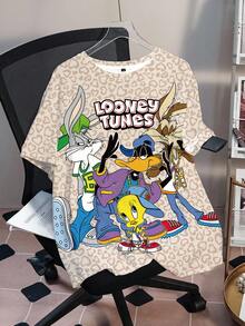 LOONEY TUNES X SHEIN 大尺碼女款字母與豹紋印花短袖寬鬆版型T恤 - 白色 - 查看 8