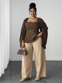 Maweii Plus Size Women's Solid Color Square Neck Casual Everyday Blouse Fall - Brown - View 3