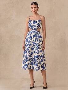 Almamuse Women Sleeveless Adjustable Strap Waist Hollow Out Floral Midi A-Line Dress - Blue - View 1