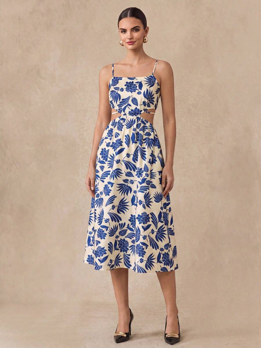 Almamuse Women Sleeveless Adjustable Strap Waist Hollow Out Floral Midi A-Line Dress - Blue - View 1