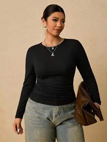 Freevana 大尺碼女款黑色長袖圓領保暖底層上衣，抓皺腰部T恤 - 黑色 - 查看 4