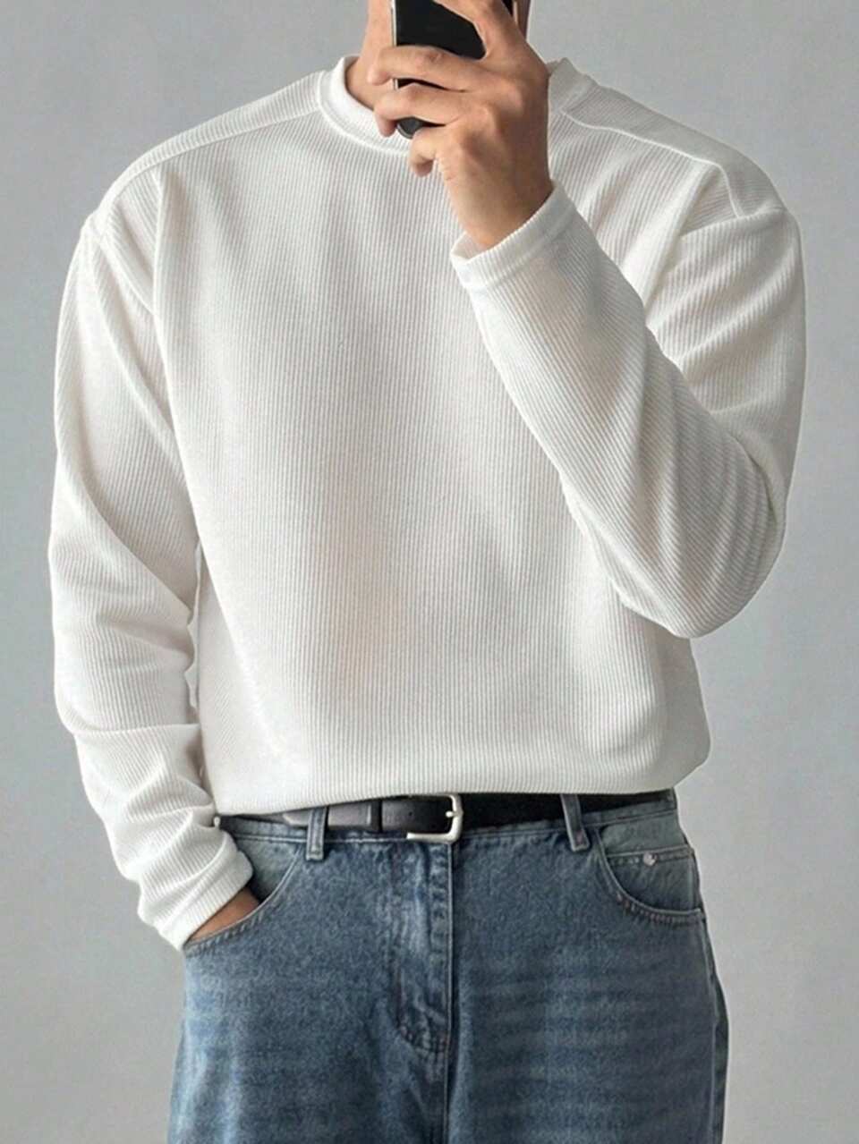 Spring/Autumn Waffle Texture Fabric Round Neck White Men's T-Shirt
