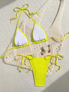Vaytide New Spring/Summer Textured Fabric Glow-In-The-Dark Neon Yellow Side Tie High Cut Swimwear, Triangle Top Bikini Two Pieces Set For Beach Vacation - Yellow - View 6