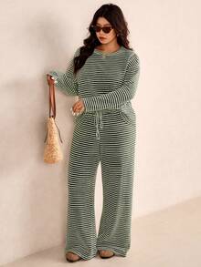 Elaquor Conjunto de 2 piezas de top de manga larga holgado y pantalones de talla grande informal - Verde - Ver 5
