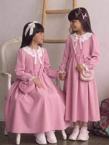SHEIN Tween Girls Tween Girl Lace Pink Bow Cute Dress, Autumn/Winter/All Season Wear, Primary School, Middle School - Pink - View 3