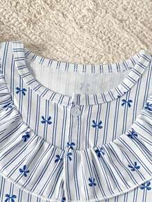 Fresh Blue & White Vertical Striped Girls' Ruffle Trim Round Neck Ditsy Floral Long Sleeve Loose Fit Loungewear, Spring/Autumn - Multicolor - View 7