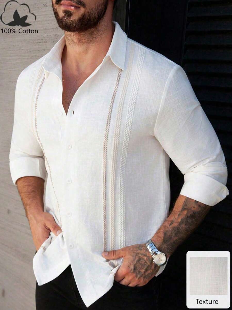 Manfinity Homme 大尺碼男士紋理長袖休閒單排扣襯衫 - 彩色 - 查看 1