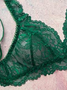 Elorette 2pcs Dark Green Lace Patchwork Triangle Cup Romantic French Style Lingerie Set - Dark Green - View 4