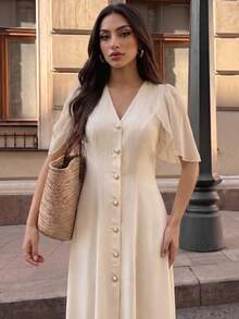 Duskaine Women's Solid Color V-Neck Single-Breasted Elegant Midi Dress - Apricot - View 3