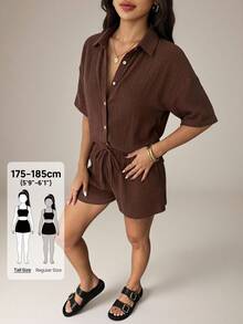 SHEIN Tall 女款純色落肩單排扣襯衫與短褲休閒兩件套 - 棕色 - 查看 5