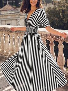 Dayvera Women's Striped V-Neck Short Petal Sleeve Pocket Casual Dress - Black and White - View 1