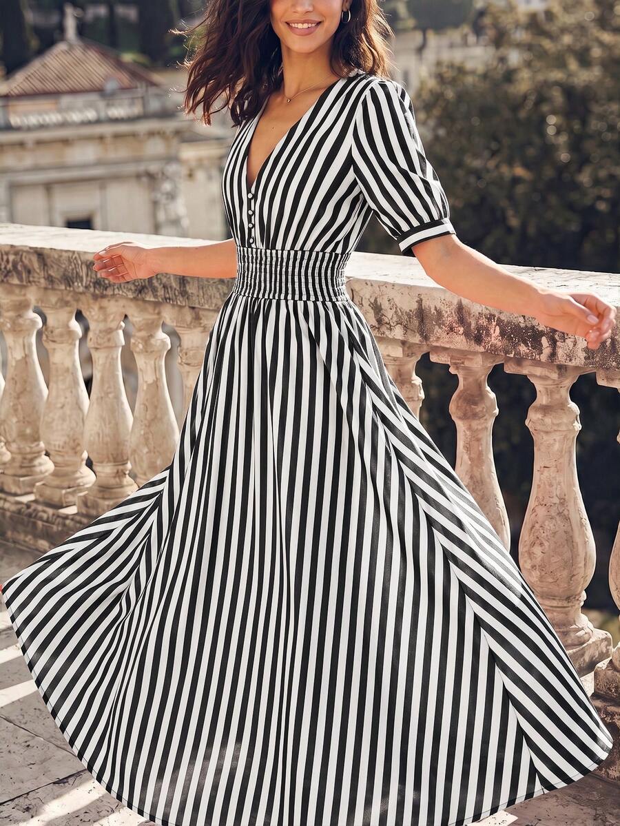 Dayvera Women's Striped V-Neck Short Petal Sleeve Pocket Casual Dress - Black and White - View 1
