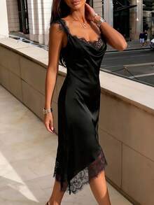 Velvienne Plus Size Women's Elegant Satin Lace Patchwork Asymmetrical Hemline Black Dress - Black - View 3