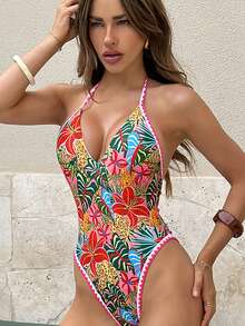 SHEIN Swim 春夏印花露背吊带连体泳衣，适合海滩度假 - 彩色 - 查看 5