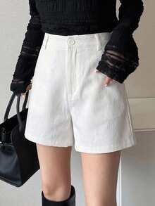 Livesso Spring Summer Loose Business Casual Fashion Office Wear Street Straight Leg Casual Pants White Women's Shorts School - White - View 4
