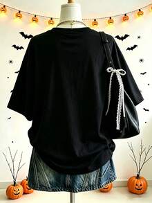 Lalippa 萬聖節幽靈鬧鬼城堡 T-shirt，復古秋季南瓜墓碑蠟燭暗黑哥德風 - 黑色 - 查看 2