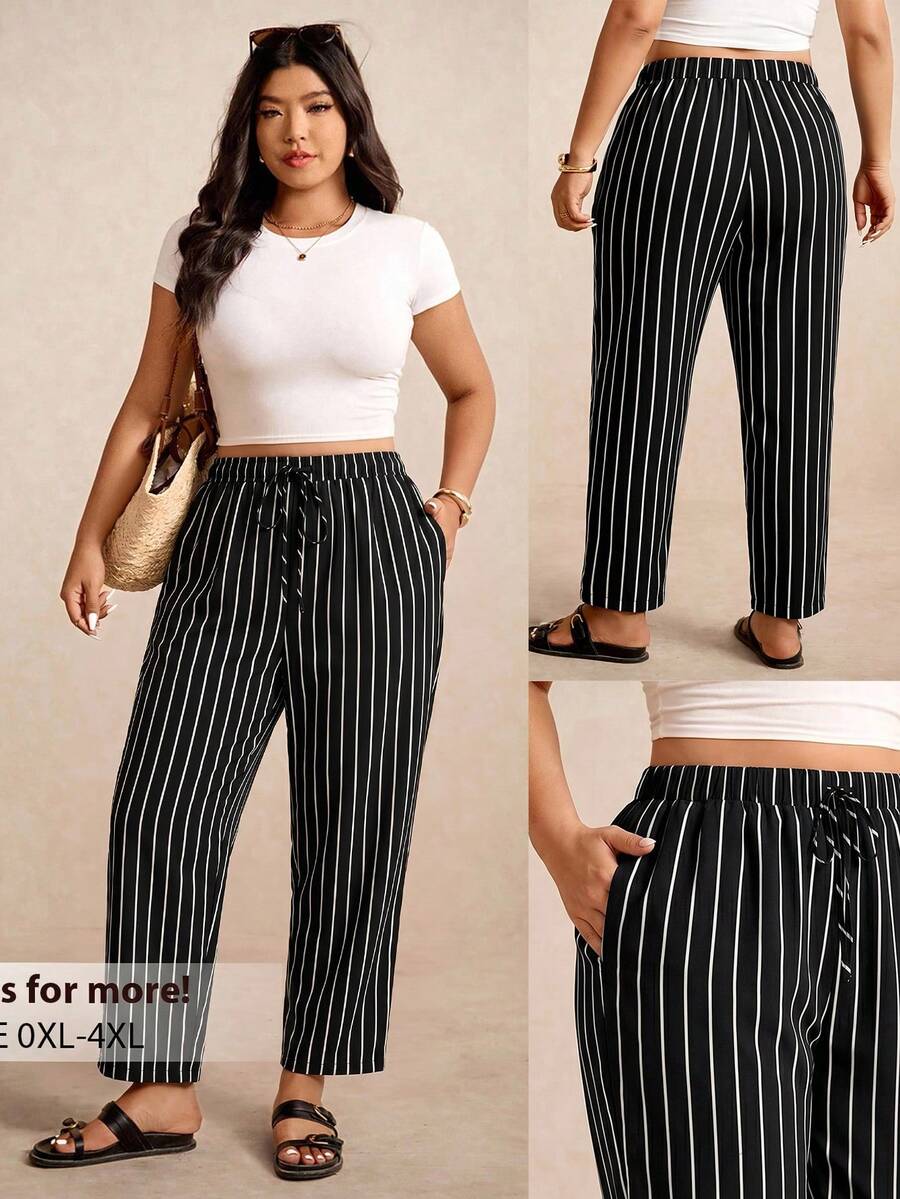 Elaquor Plus Size Casual Striped Colorblock Drawstring Waist Pocket Long Pants Fall - Black - View 1