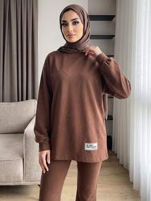 Solavon Women's Casual Modest Filipiniana Brown Crew-Neck Sweatshirt And Pants Set Formal Home Wear Office Winter - Coffee Brown - View 2