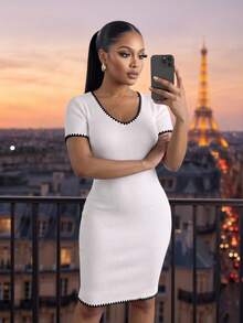 SHEIN Lady CURVE Plus Size Women's Colorblock Casual 1950s Vintage Elegant Traditional Office Formal Party Evening Knit Dress Teachers' Day Black And White Summer - Black and White - View 5