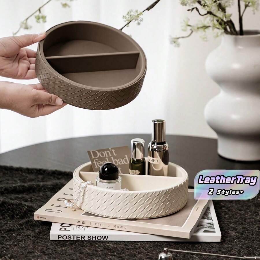 1pc Divided Organizer Tray, Leather Jewelry Tray, Decorative Organizer Tray For Keys, Remote Control, Home Decor, Woven Leather Texture Design, Suitable For Entryway, Tabletop, Moving For Storage Organizer Back To School Dormitory Storage - Multicolor - View 1