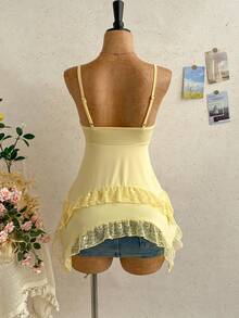 Soleia Women's Solid Color Contrast Lace Asymmetric Hem Camisole Yellow Tops For Women Elegant - Yellow - View 2