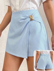 SHEIN LUNE CURVE Plus Size Striped Fabric Elastic Waist Flap Metal Buckle Decor 3-Inch Shorts Skirt Elegant Outing Date Party Daily Commute Shorts - Blue and White - View 9