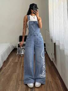 StreetHx Women's Letter Print Denim Overalls - Blue - View 7